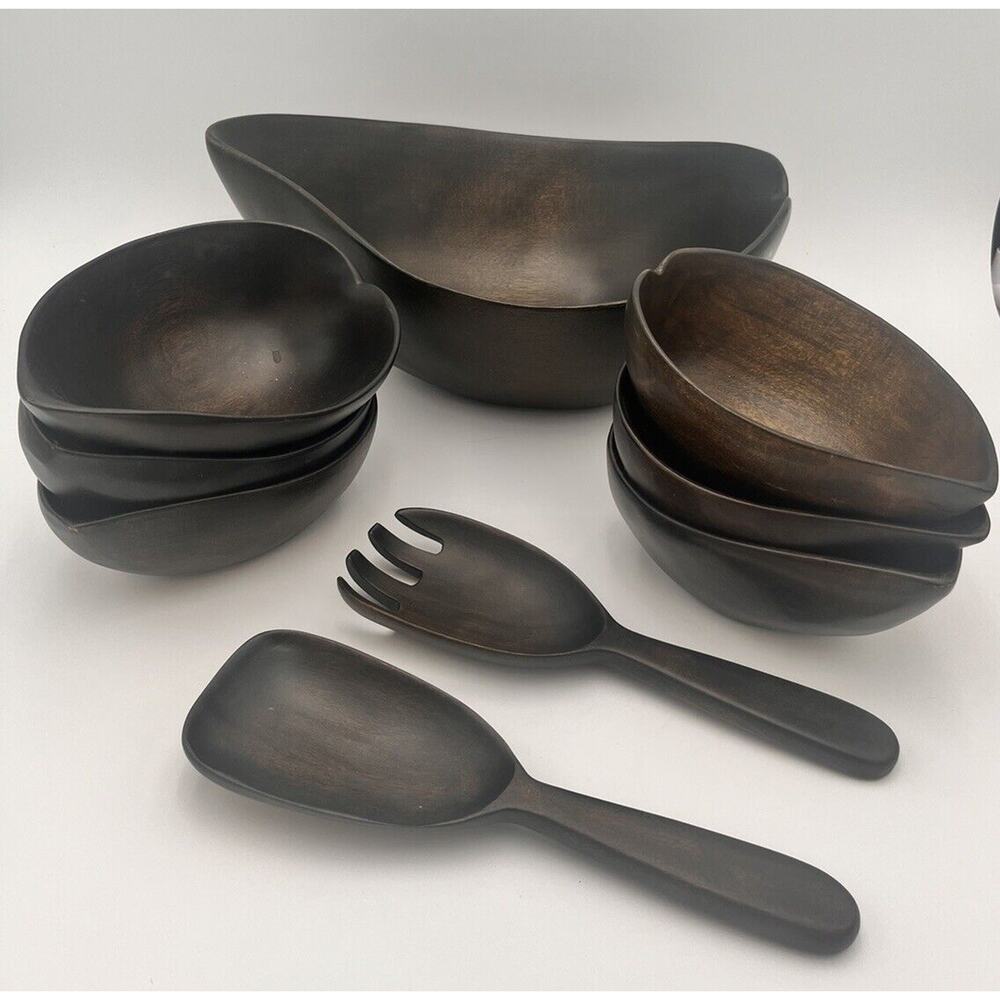 Handcrafted Dark Wood Salad Bowl Set with Serving Utensils - Contemporary Dining